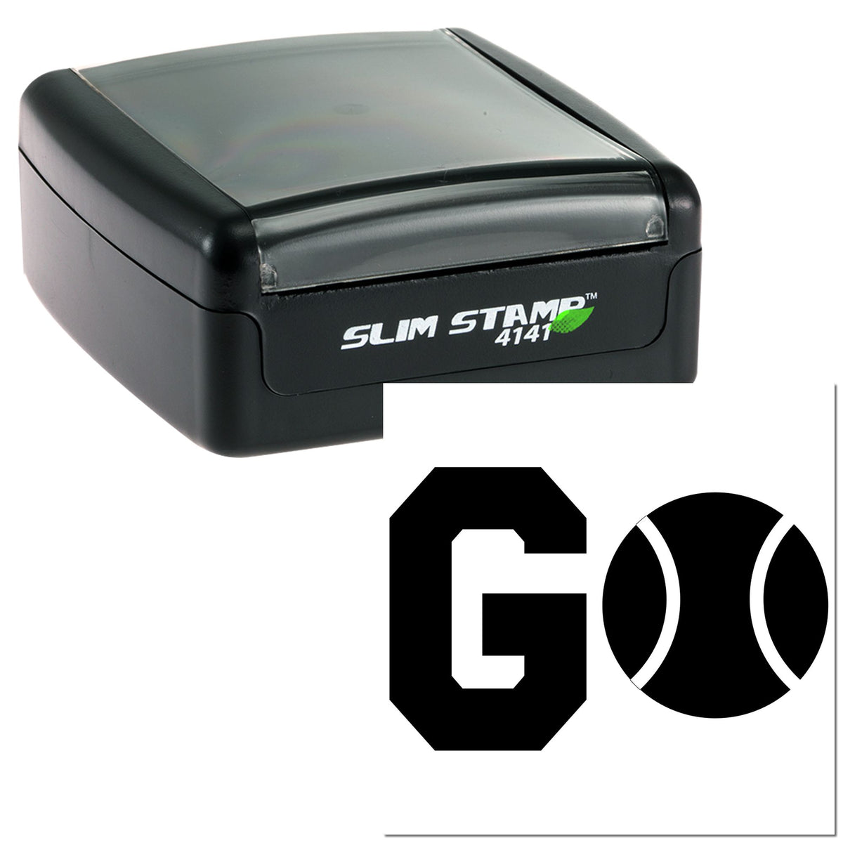 Black Slim Stamp 4141 self-inking stamp with gray cap and bold black G-and-ball seal logo.