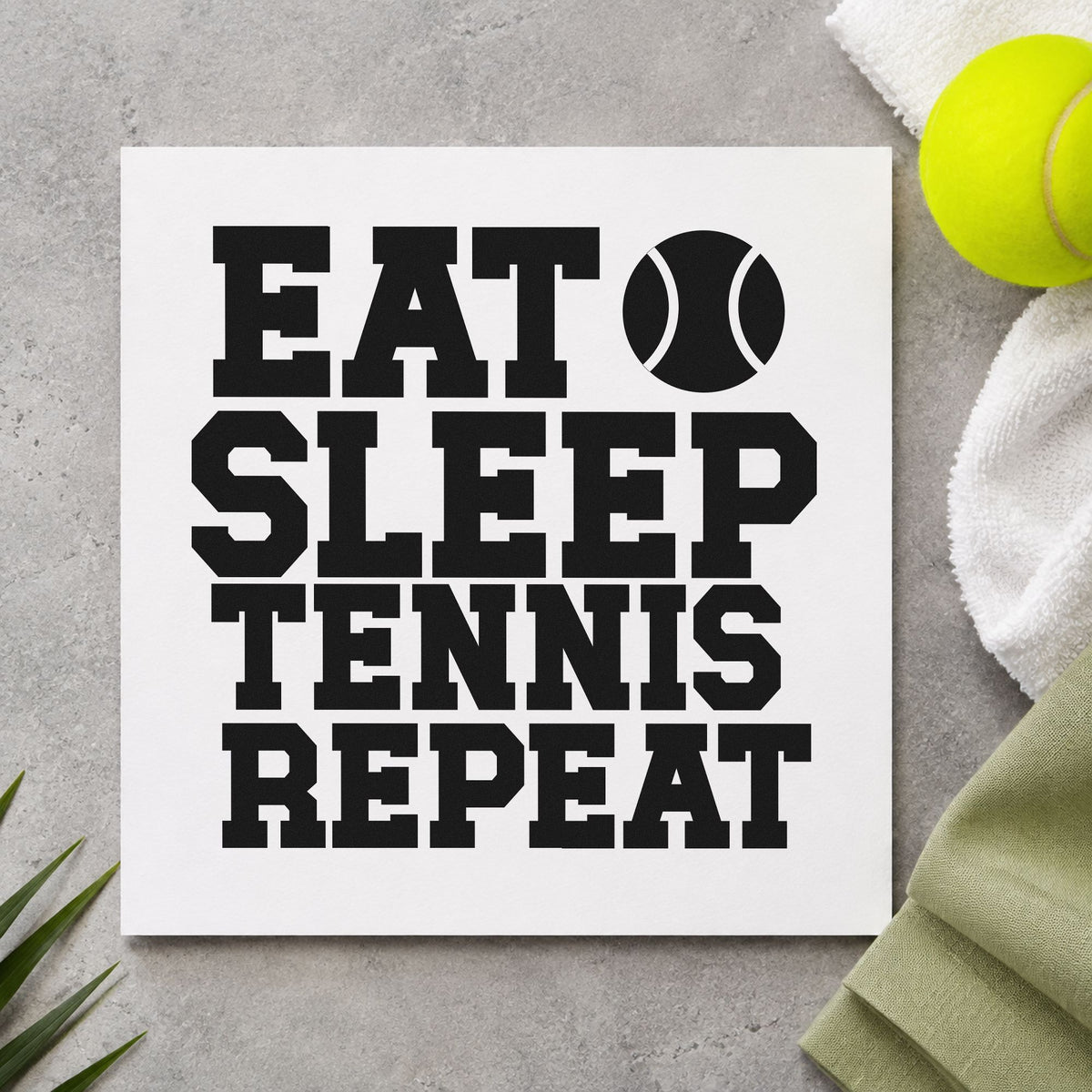 Eat Sleep Tennis Repeat craft stamp in black ink on cardstock, an easy option for camp week album page.