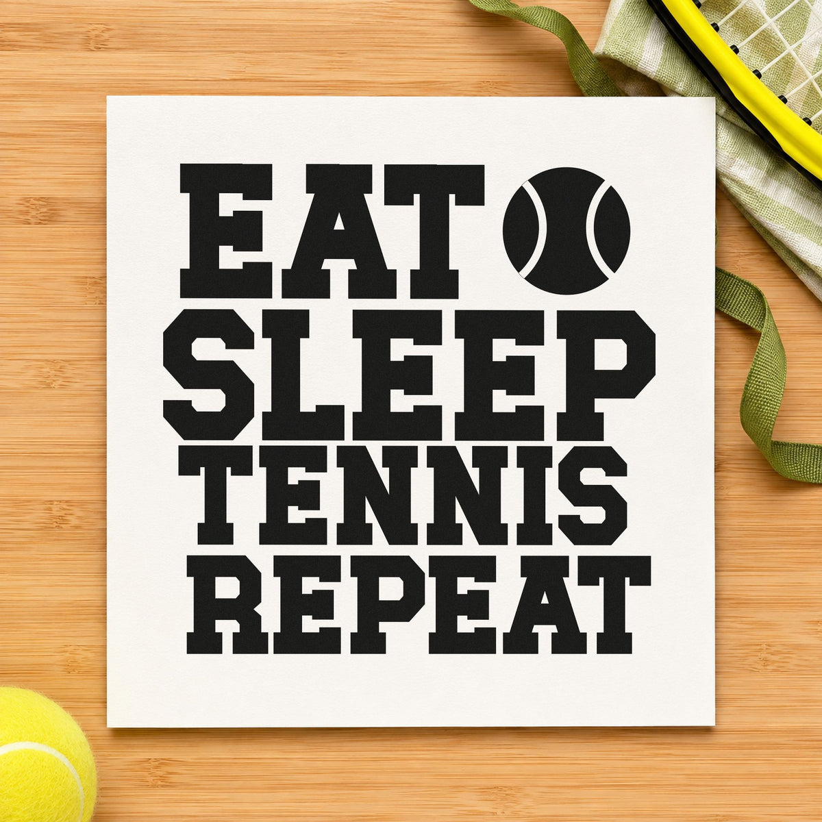 Eat Sleep Tennis Repeat craft stamp imprint in black ink on a handmade project, one idea being camper kit gift tags.