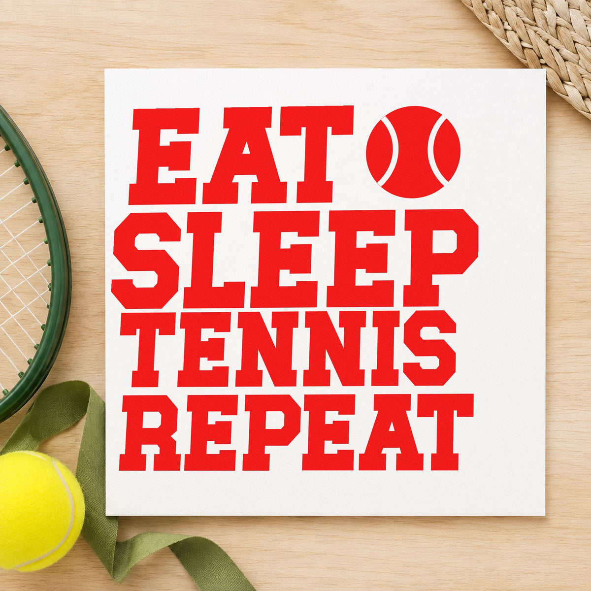 Eat Sleep Tennis Repeat craft stamp imprint in red ink on a handmade project, one idea being skill note cards.