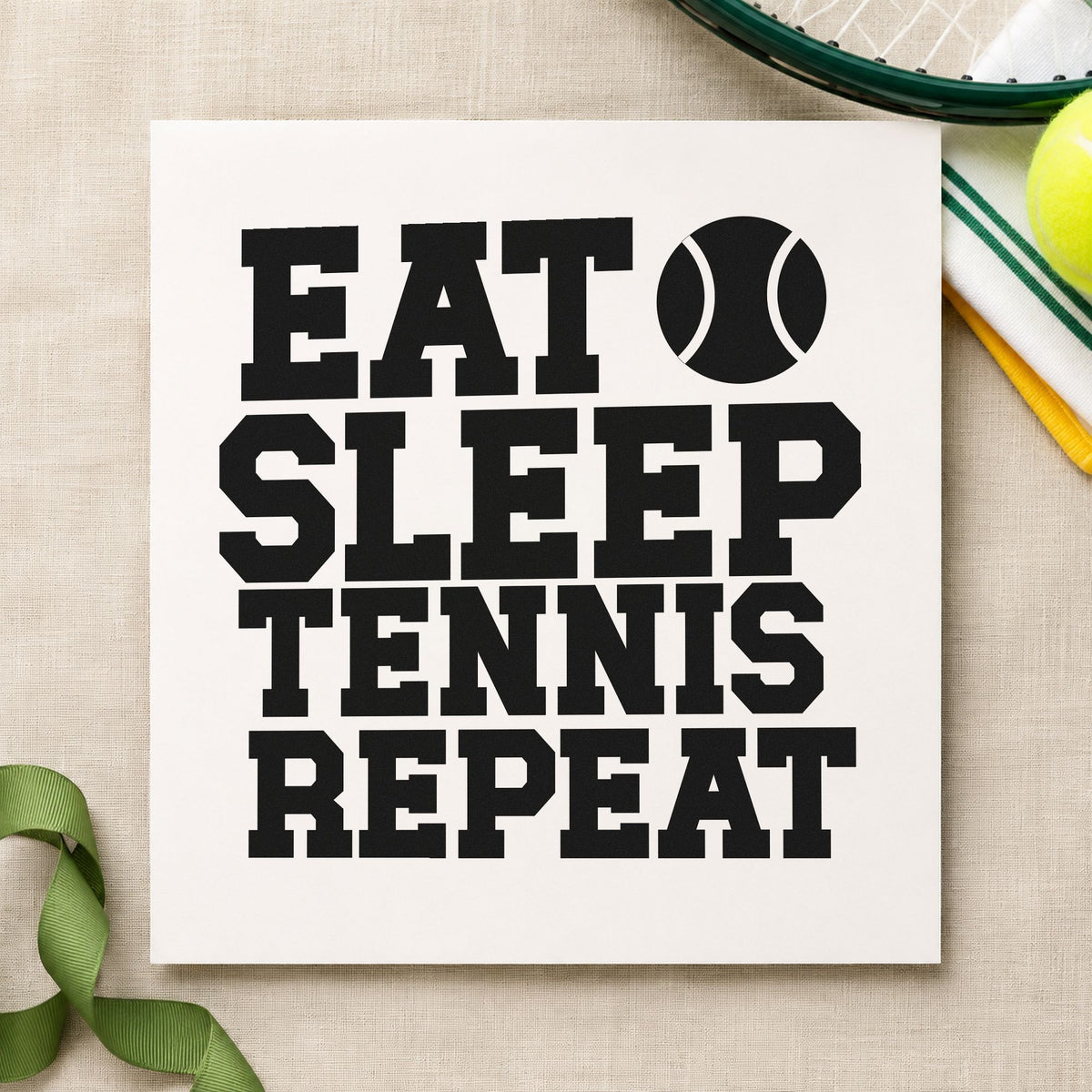 Eat Sleep Tennis Repeat rubber stamp printed in black ink, ready for stacked athletic cards and similar paper crafts.