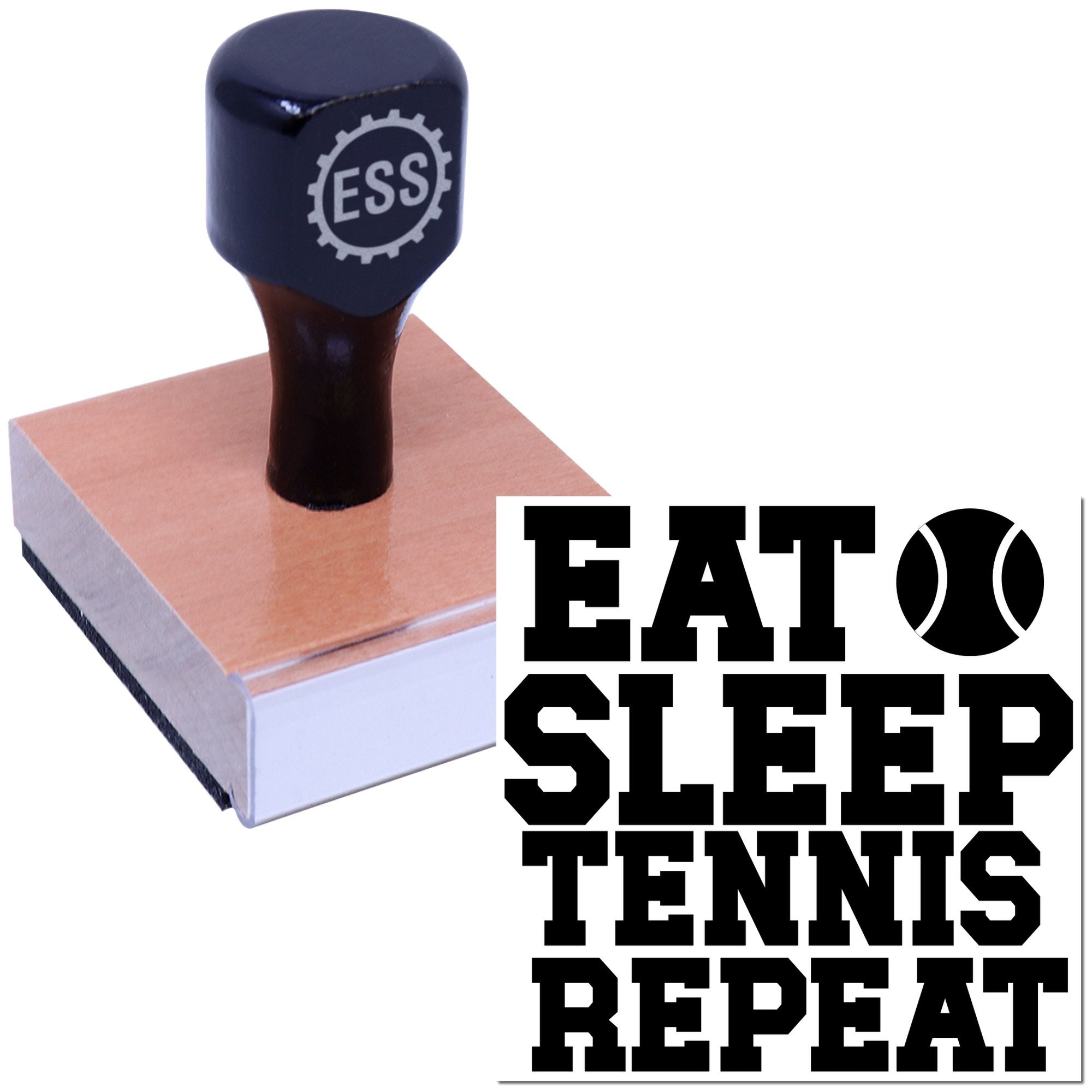 Black ESS stamp and seal on tan pad with EAT SLEEP TENNIS REPEAT text and tennis ball icon.