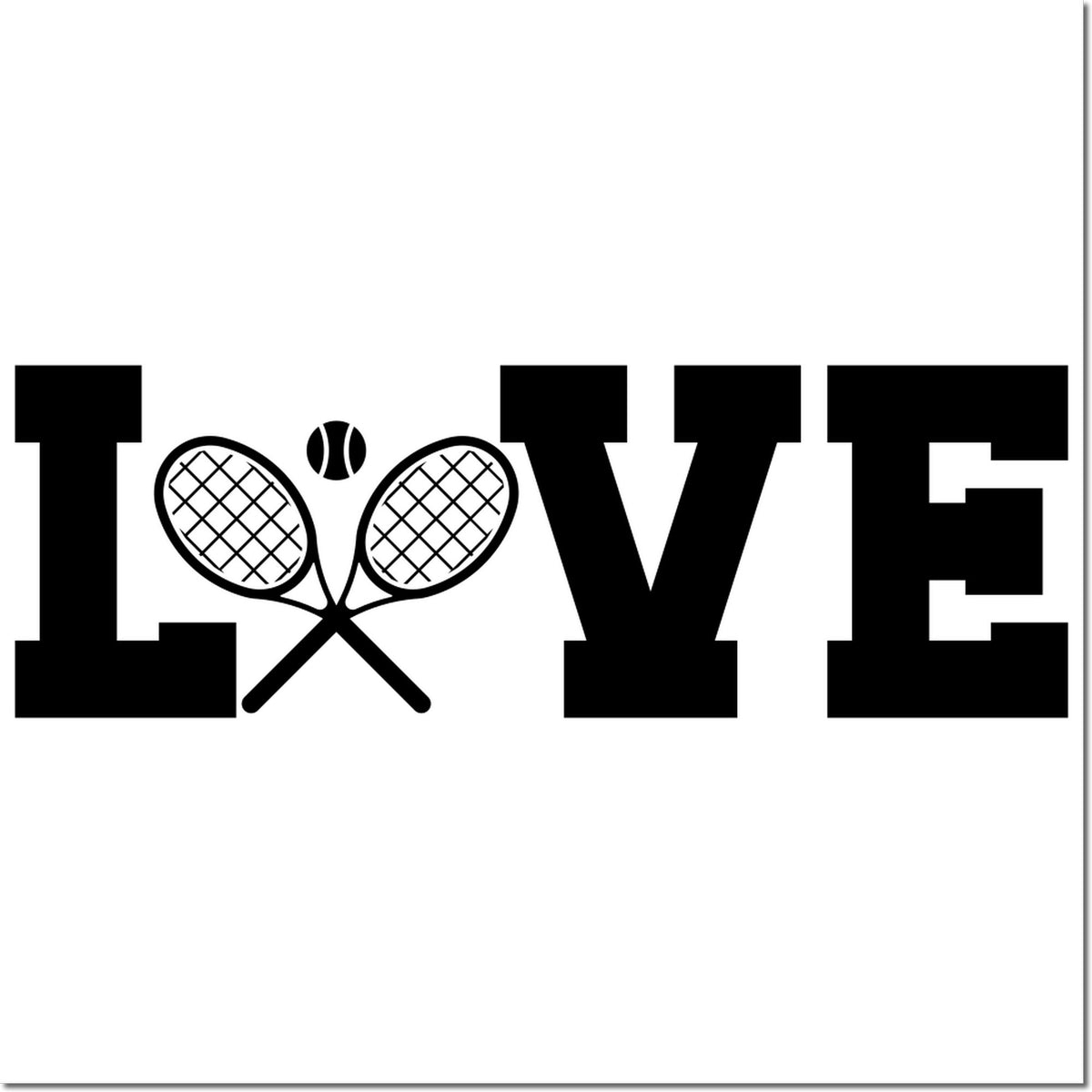 Black LOVE tennis seal stamp with crossed rackets as O and a tennis ball, bold black on white.
