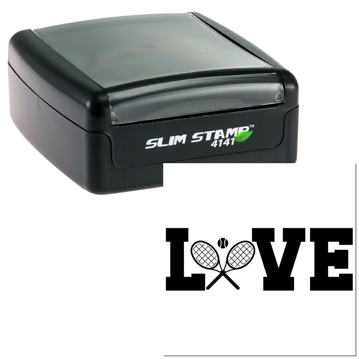 Black slim self-inking stamp and seal with LOVE tennis racket design and gray translucent top.