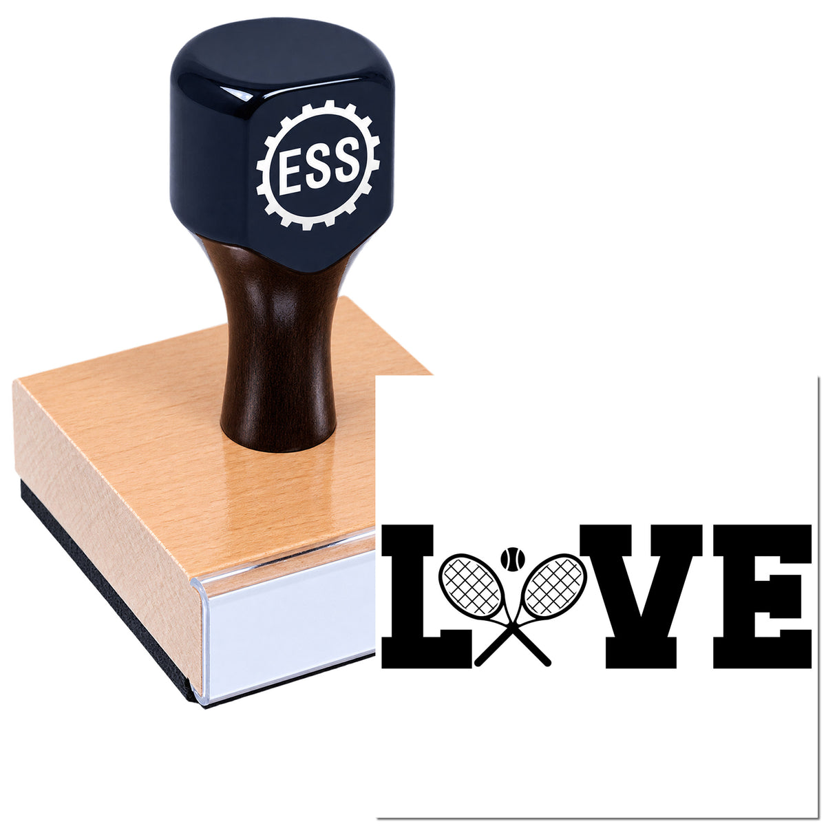 Black ESS stamp and seal on a pink base with LOVE tennis graphic, crossed rackets, and ball.