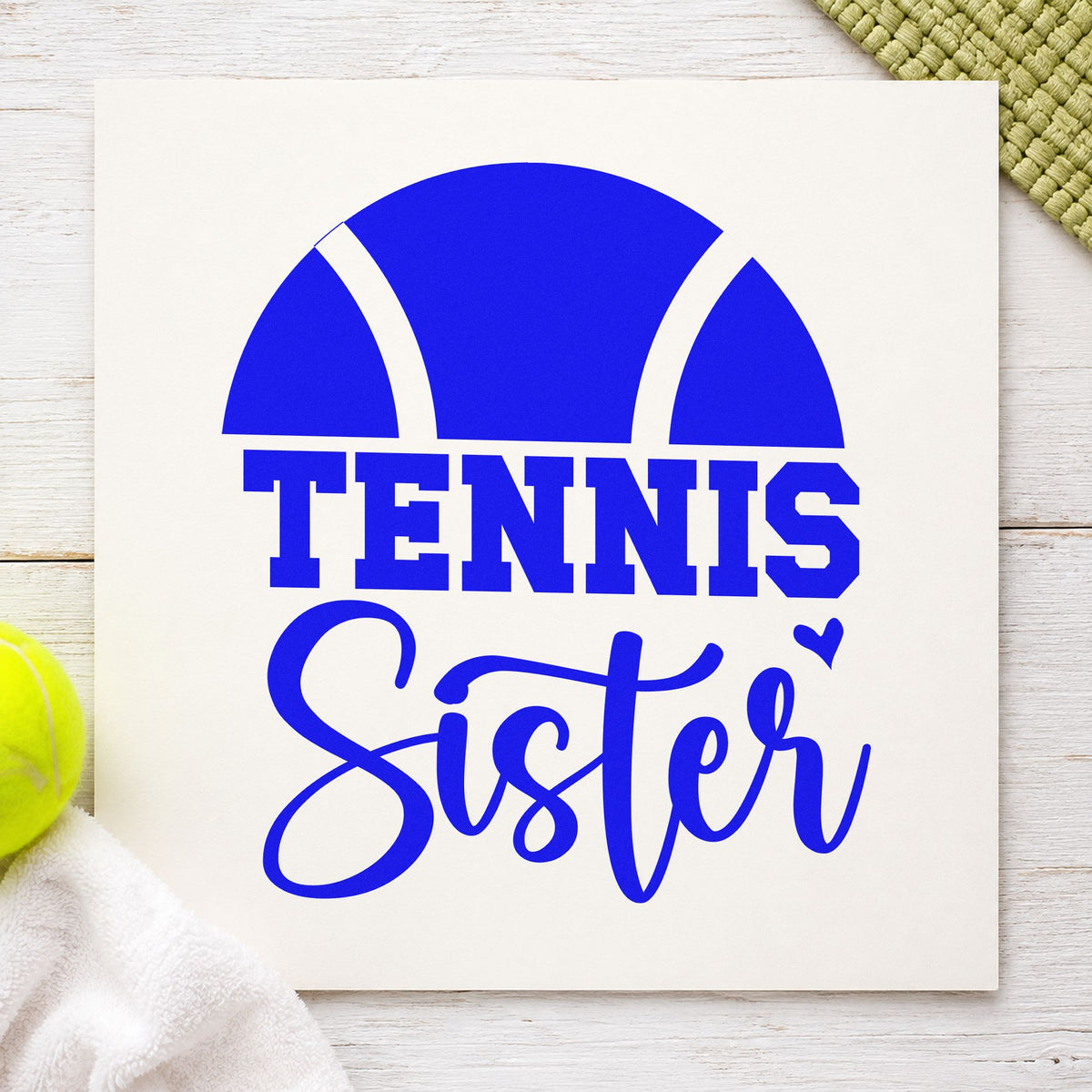 Tennis Sister Half Ball craft stamp in blue ink on cardstock, an easy option for court blanket printing.