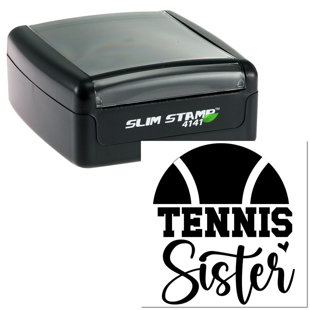 Black slim self-inking stamp with clear top, showing a bold black Tennessee Sister seal design on white background.