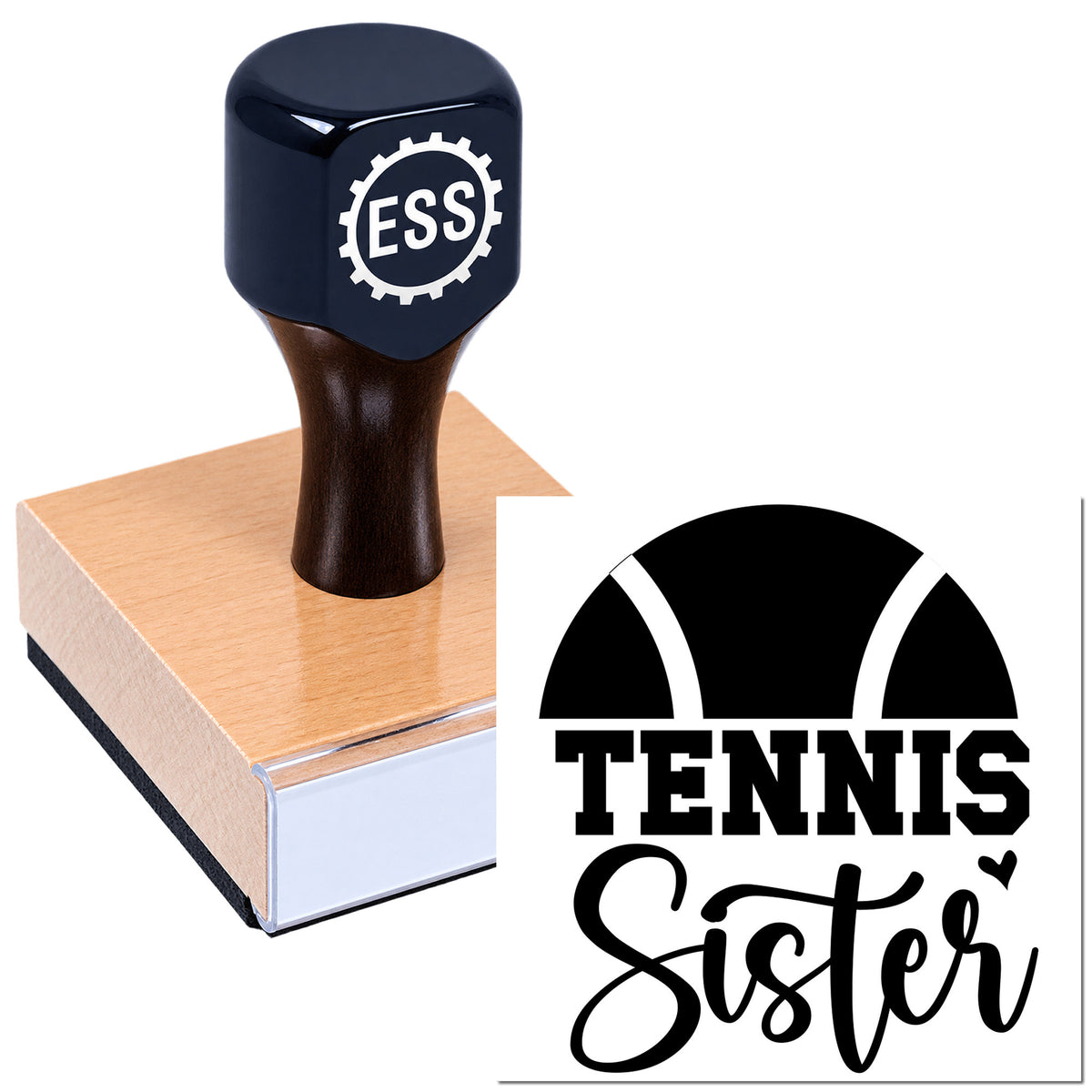 Custom rubber stamp seal with dark blue handle on wooden block, featuring black Tennis Sister logo on white.