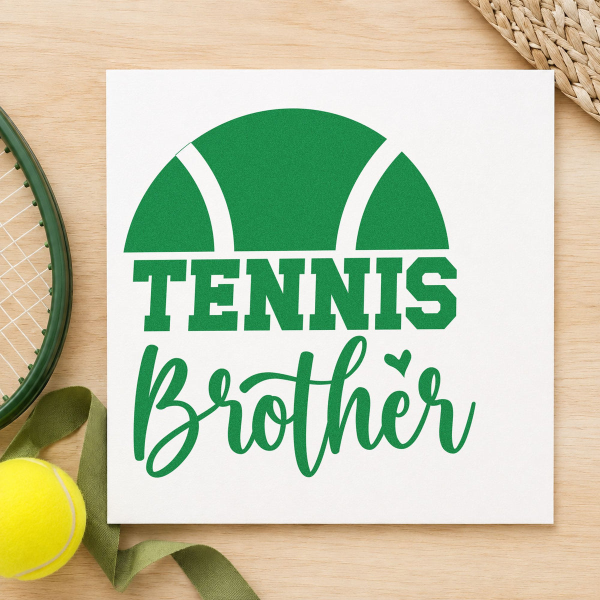 Tennis Brother Half Ball craft stamp imprint in green ink on a handmade project, one idea being duty note cards.