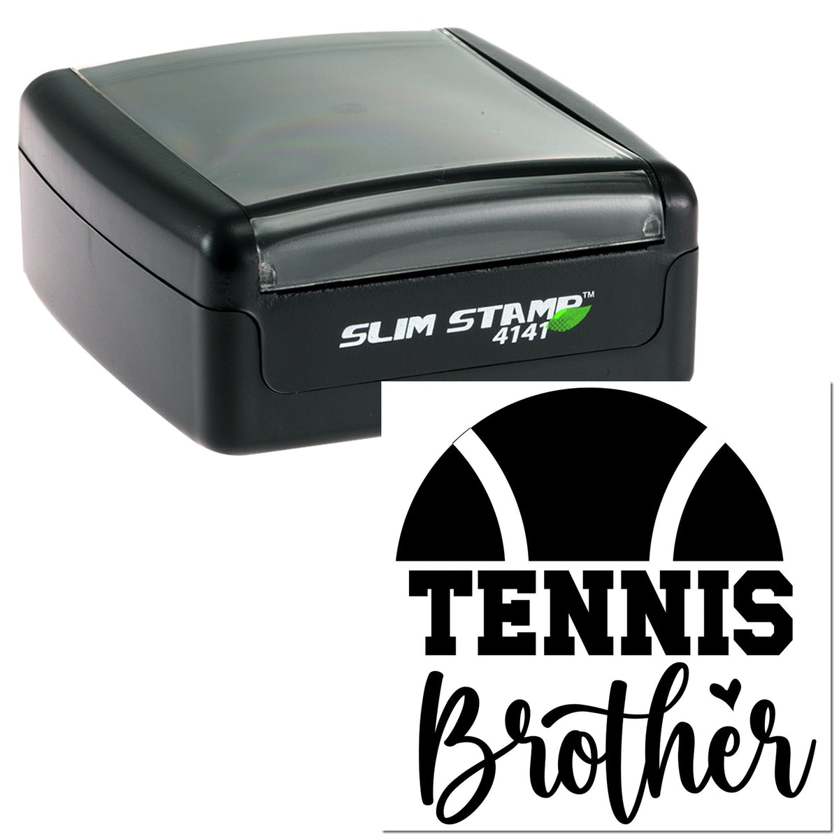 Black Slim Stamp 4141 self-inking seal with translucent gray cover and Tennis Brother logo in white and green.