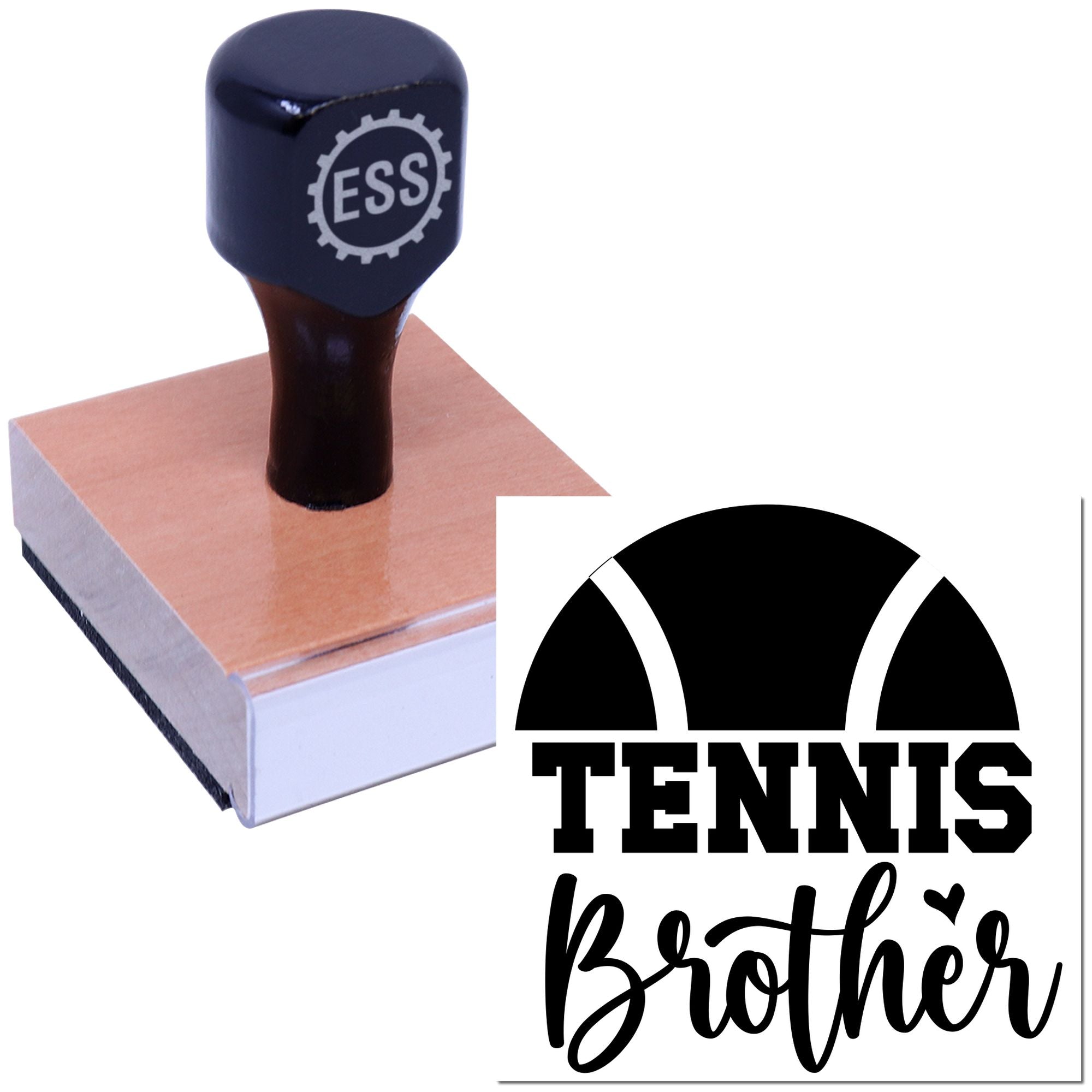 Dark navy rubber stamp on a tan seal block, featuring ESS logo and Tennis Brother branding on white.