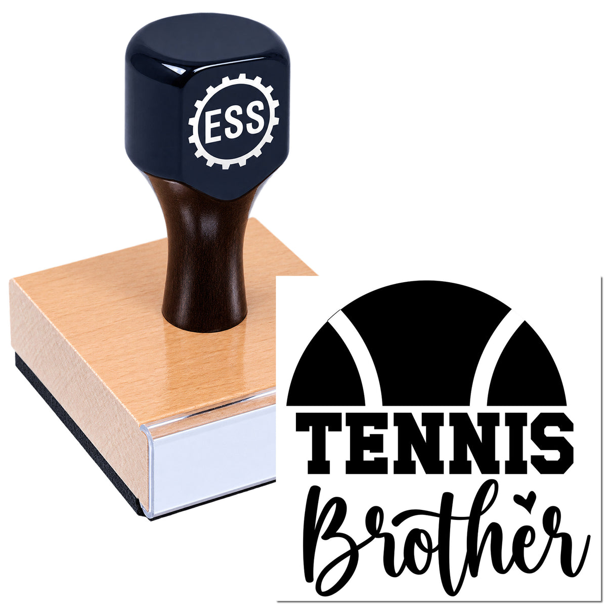 Dark navy rubber stamp on a tan seal block, featuring ESS logo and Tennis Brother branding on white.