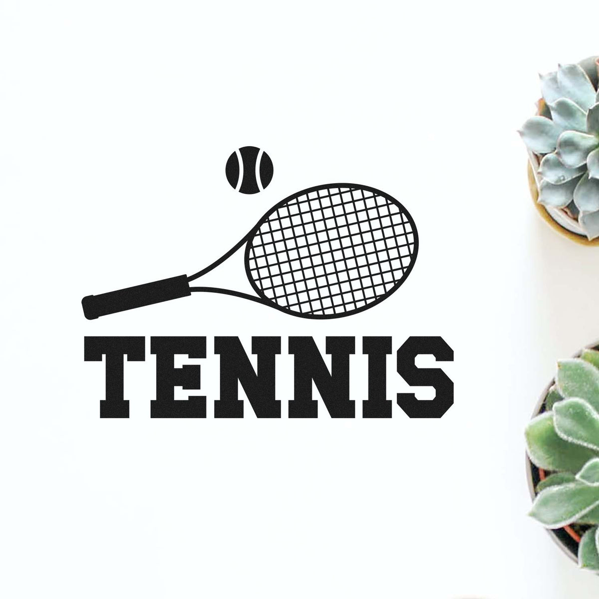 Black tennis racket and ball stamp seal with bold TENNIS text on a white background, accented by succulents.