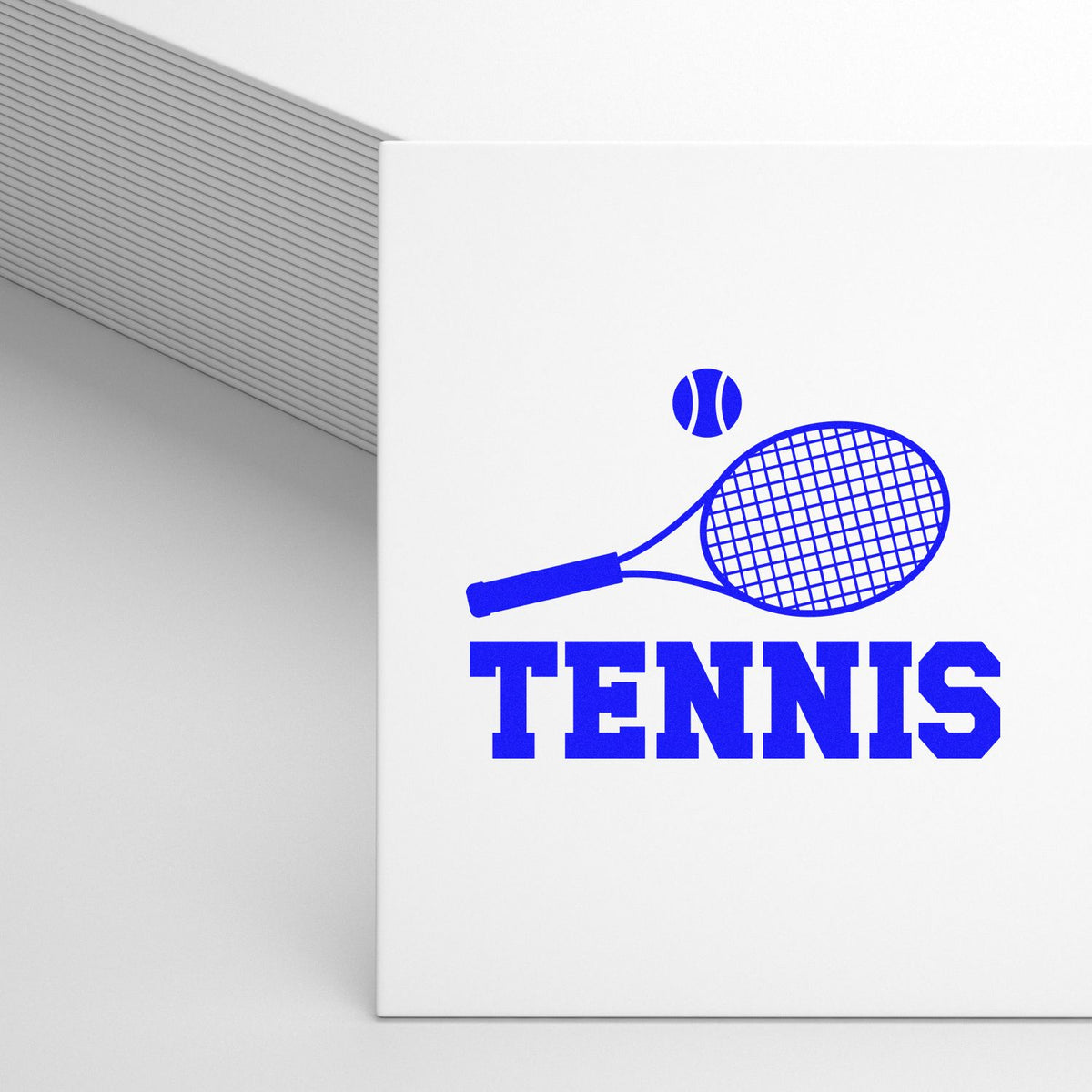 White stamp and seal product with bold blue tennis racket, ball, and TENNIS text on a clean white background.