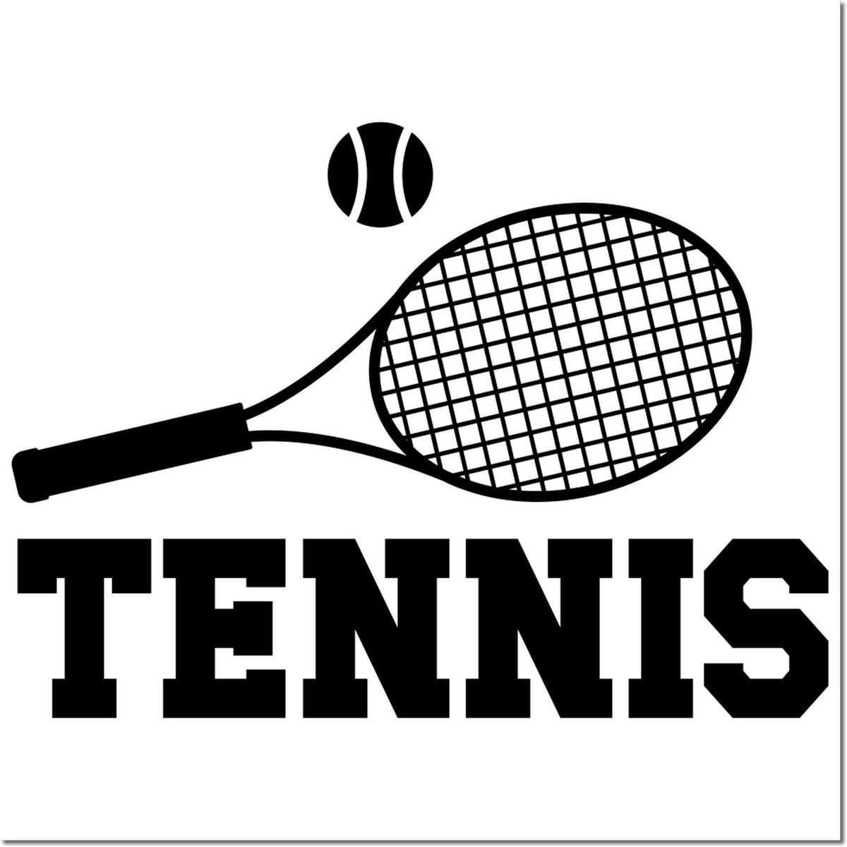 Black tennis stamp and seal with racquet, ball, and bold TENNIS text on a white background.