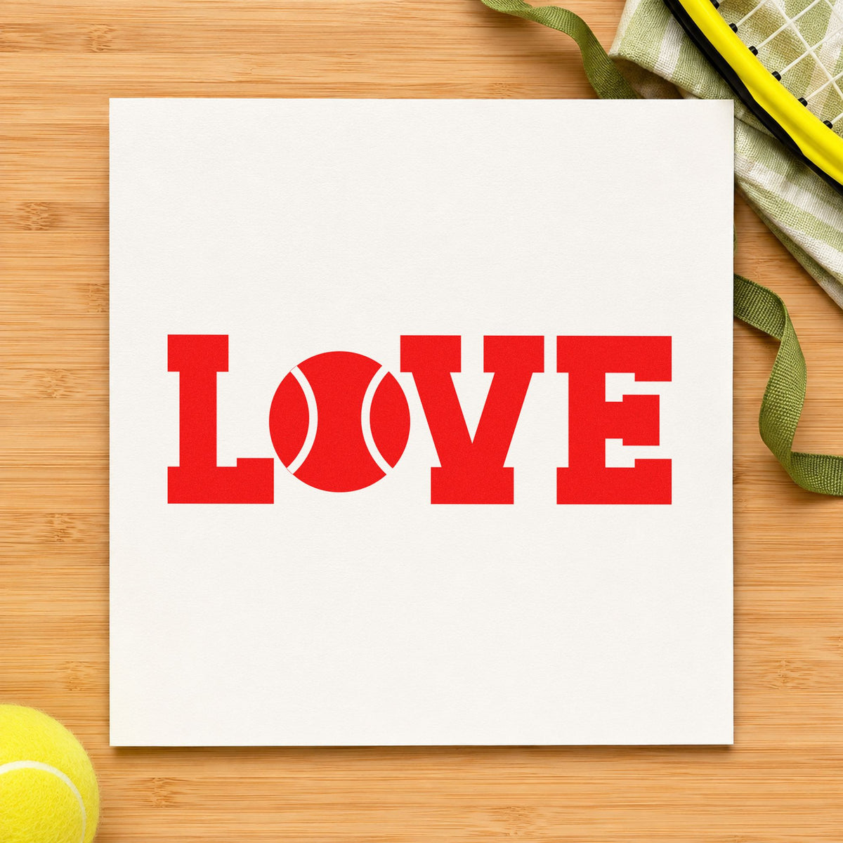 Love Tennis Ball Letter rubber stamp shown in red ink, stamped for projects such as bin decor labels.