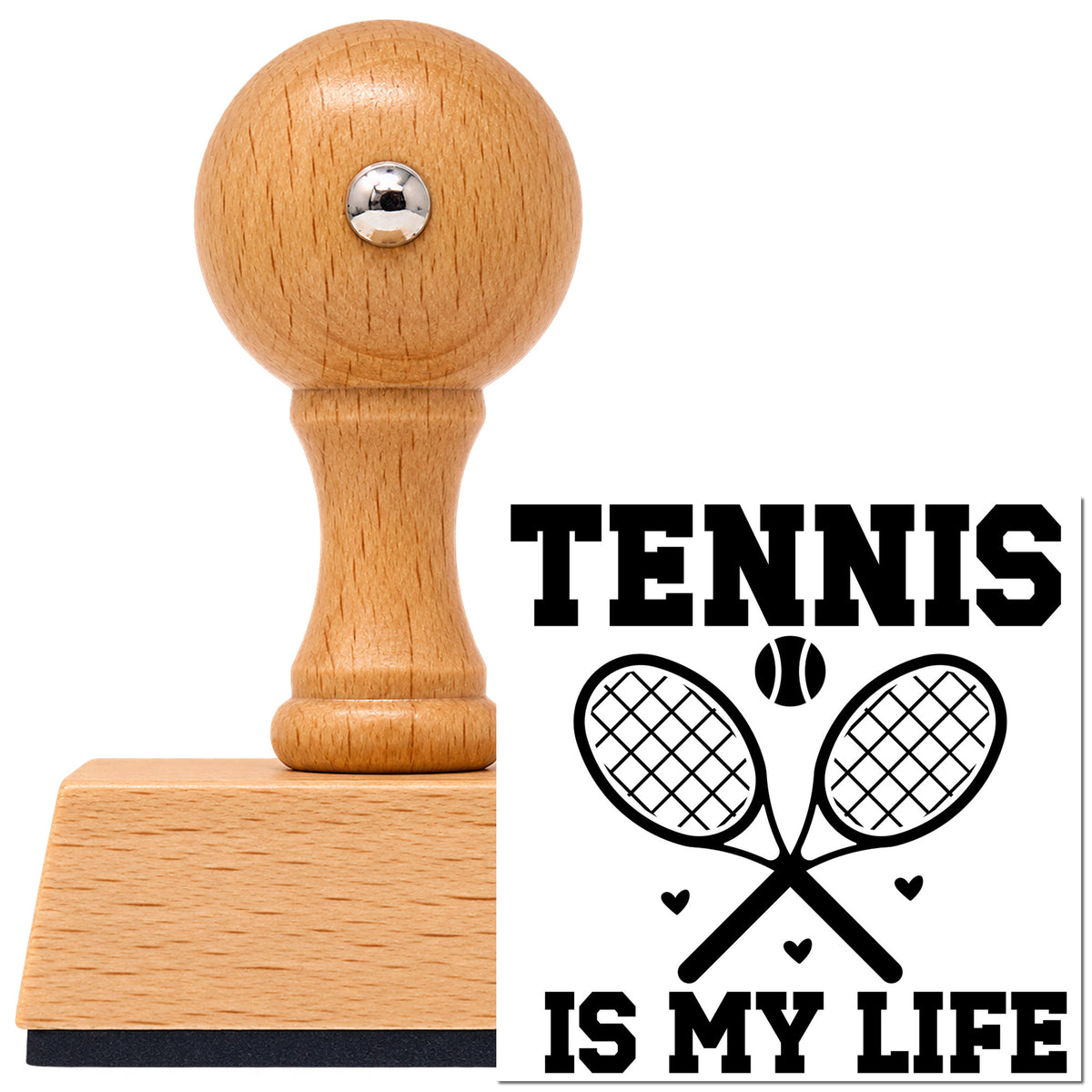Vintage Pro beech wood stamp with a round knob handle, shown with its black Tennis Is My Life imprint on white.