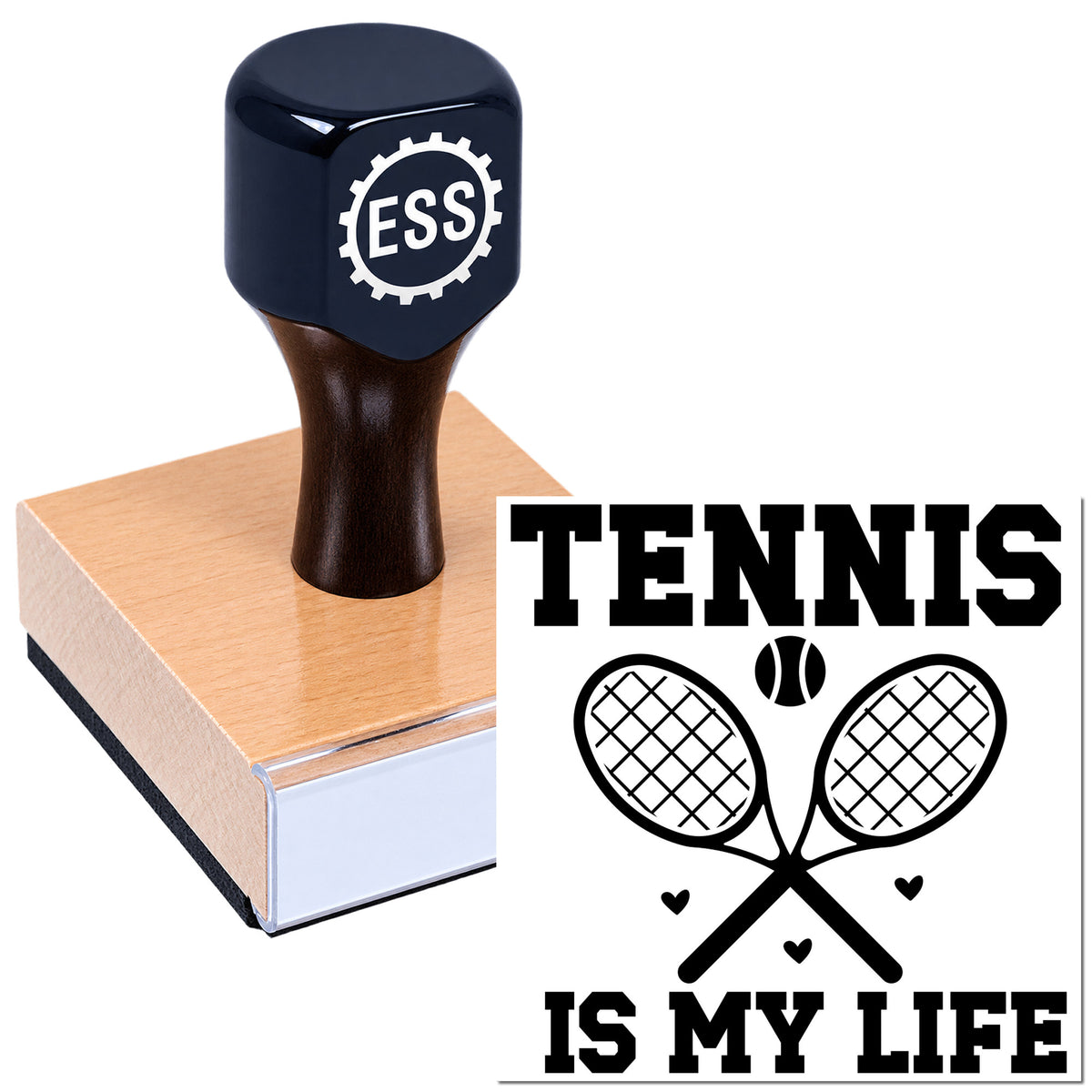 Black ESS custom seal stamp on pink block beside tennis graphic with crossed rackets and "Tennis is my life" text