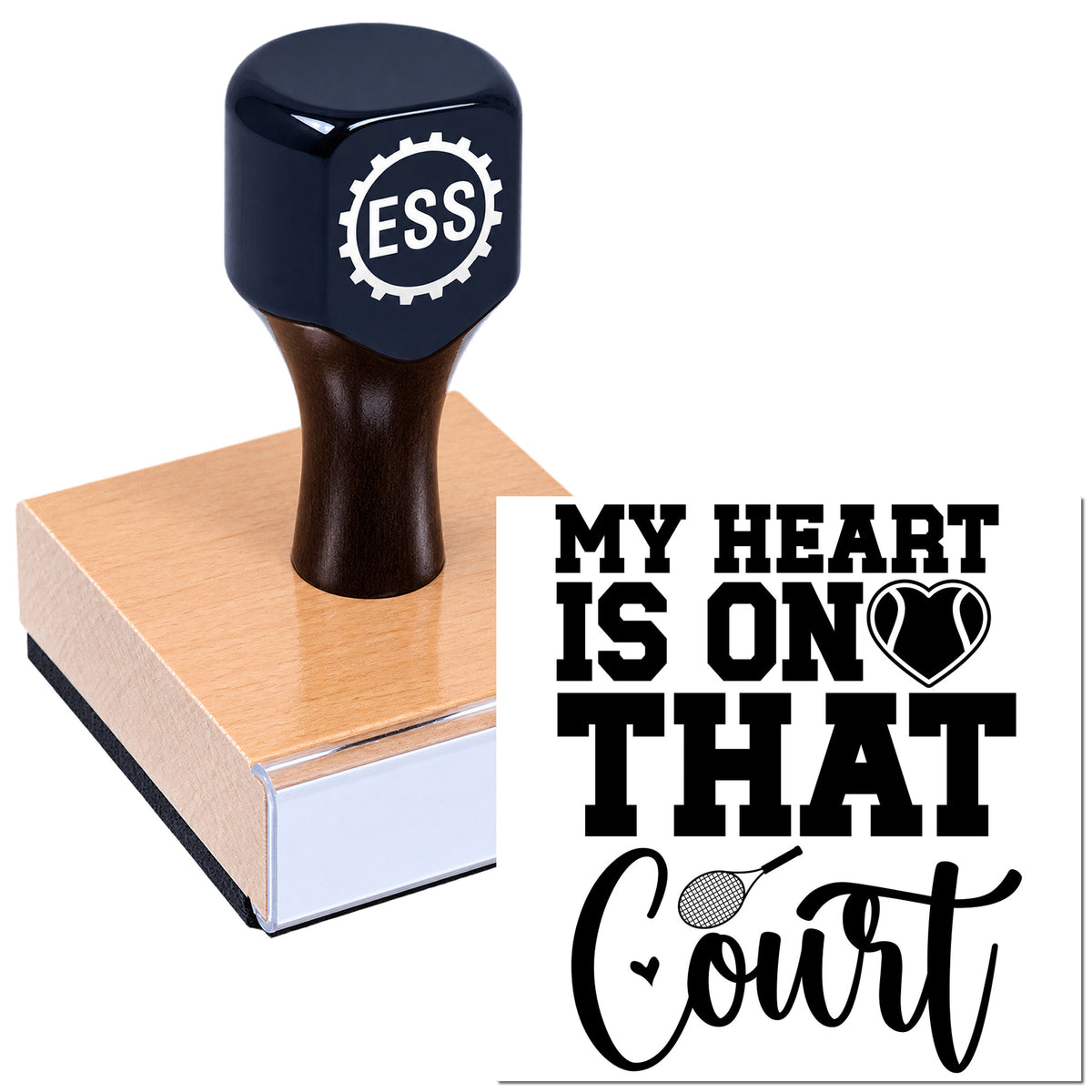 Dark blue ESS rubber stamp and seal on wooden block beside black "My Heart Is on That Court" tennis design with heart and racket.