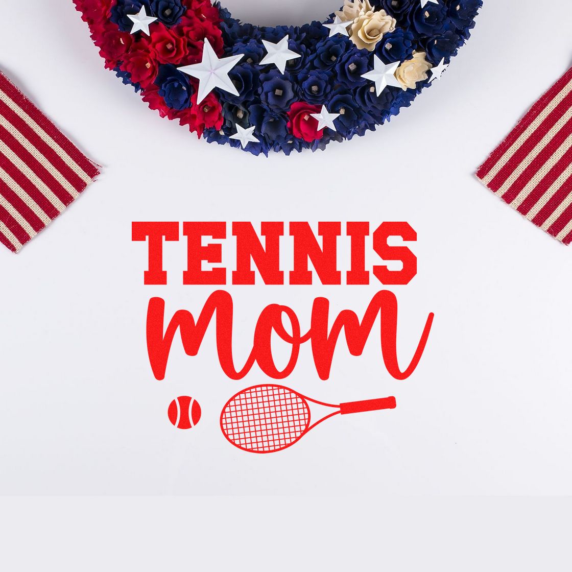 Red tennis mom stamp and seal with tennis ball and racket, framed by navy, red, and cream patriotic flowers and stars.