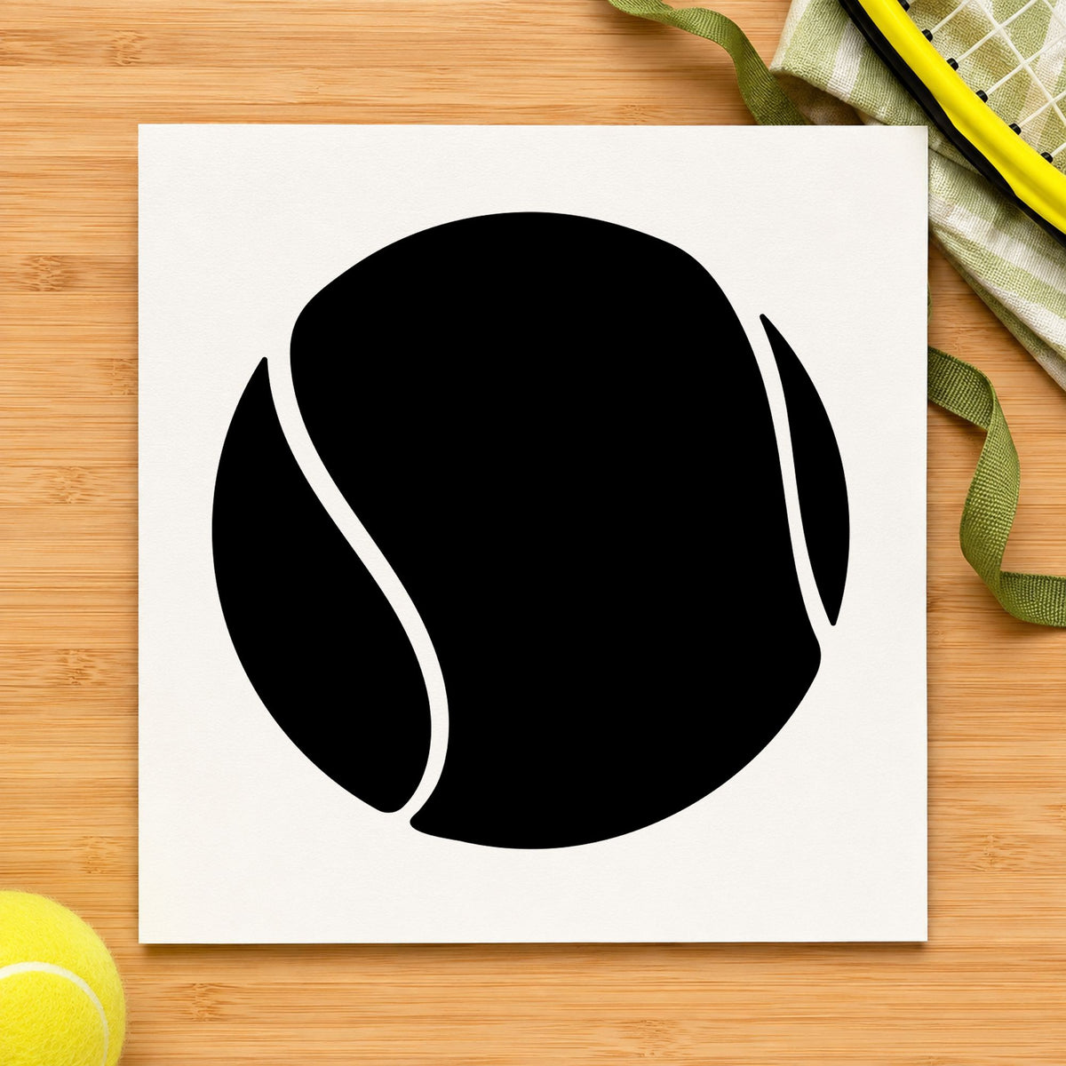 Large Solid Tennis Ball craft stamp imprint in black ink on a handmade project, one idea being ball basket gift tags.