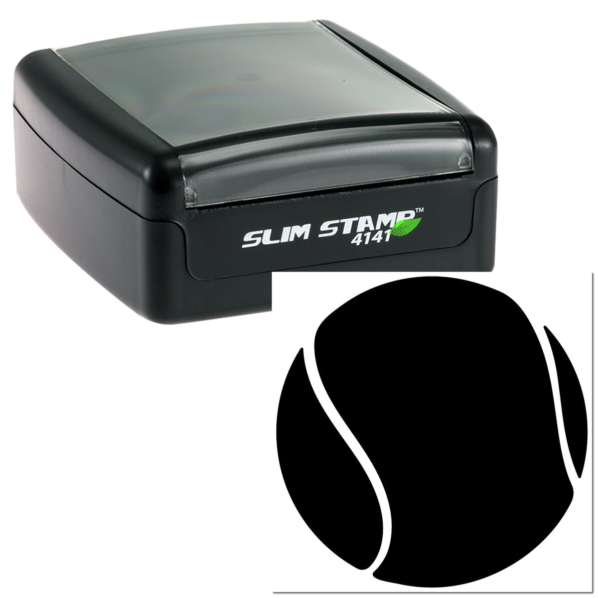 Black Slim Stamp 4141 self-inking stamp with clear gray cap and matching black oval seal impression
