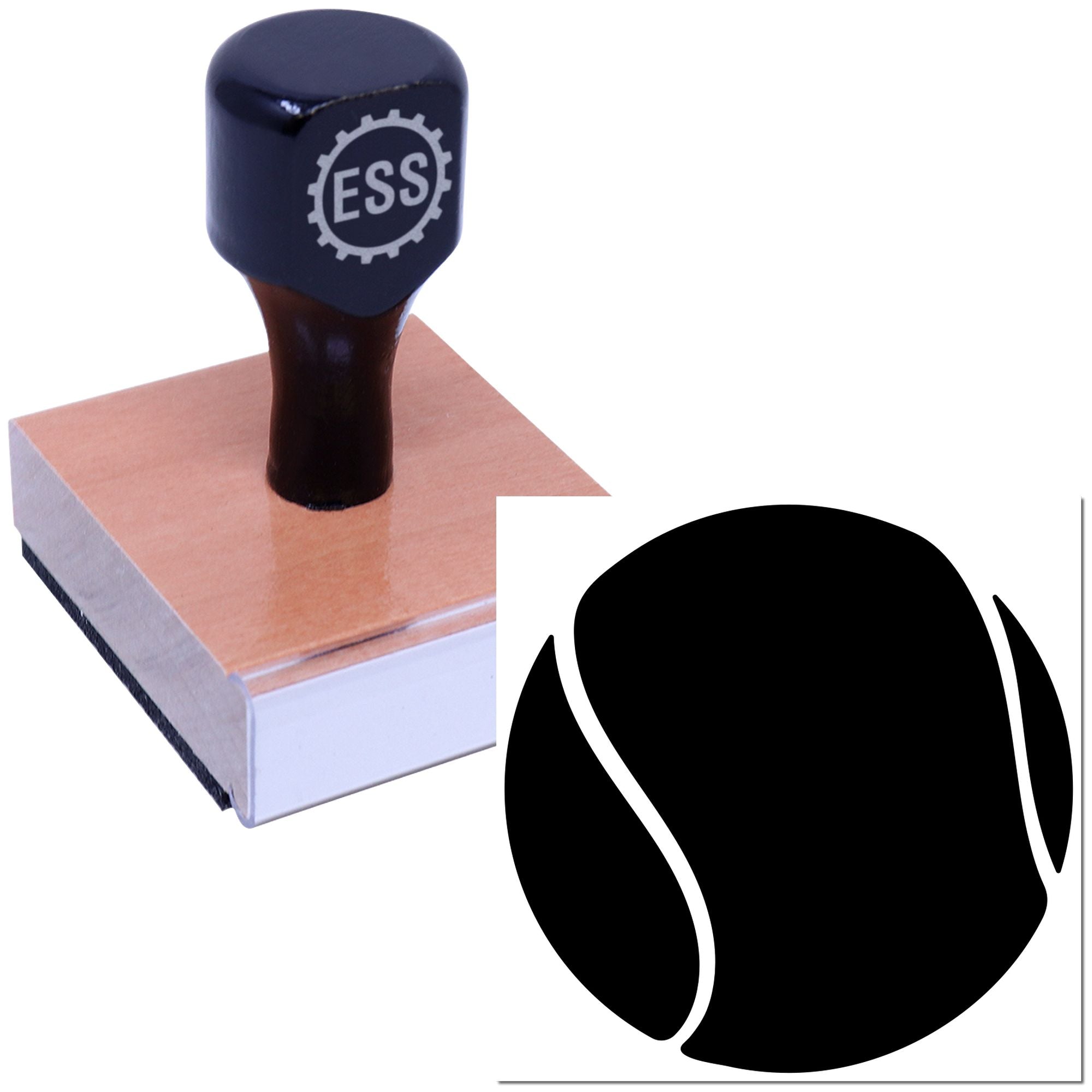 Black ESS rubber stamp on a wooden block beside a black circular seal logo on white background.