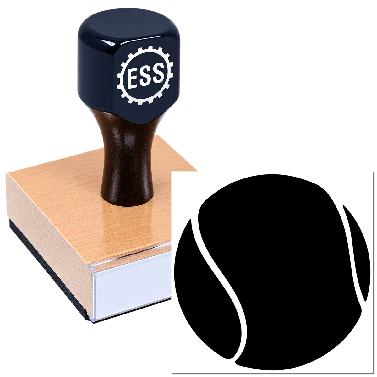 Black ESS rubber stamp on a wooden block beside a black circular seal logo on white background.