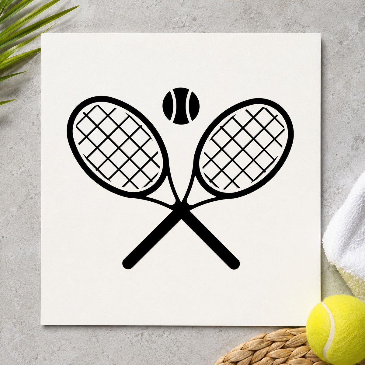 Crossed Tennis Rackets Ball craft stamp in black ink on cardstock, an easy option for member album page.