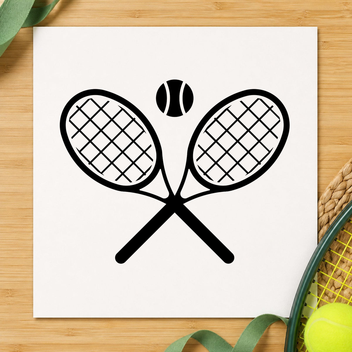 Crossed Tennis Rackets Ball craft stamp imprint in black ink on a handmade project, one idea being welcome kit gift tags.