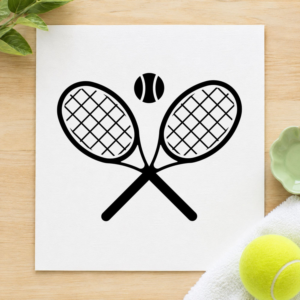 Crossed Tennis Rackets Ball rubber stamp printed in black ink, ready for court book sheet and similar paper crafts.