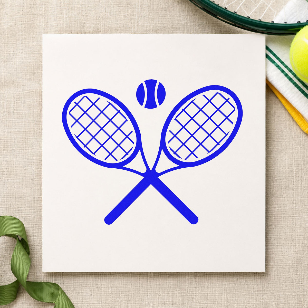Crossed Tennis Rackets Ball craft stamp in blue ink on cardstock, an easy option for bag towel printing.