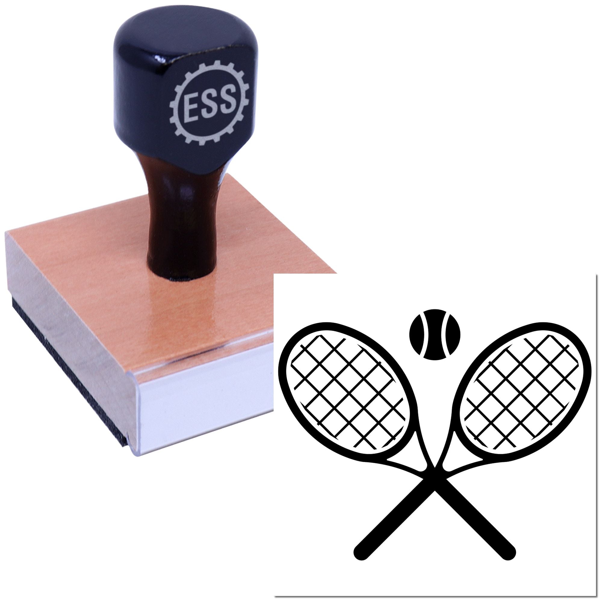 Blue ESS rubber stamp and seal on copper base with black tennis racket emblem