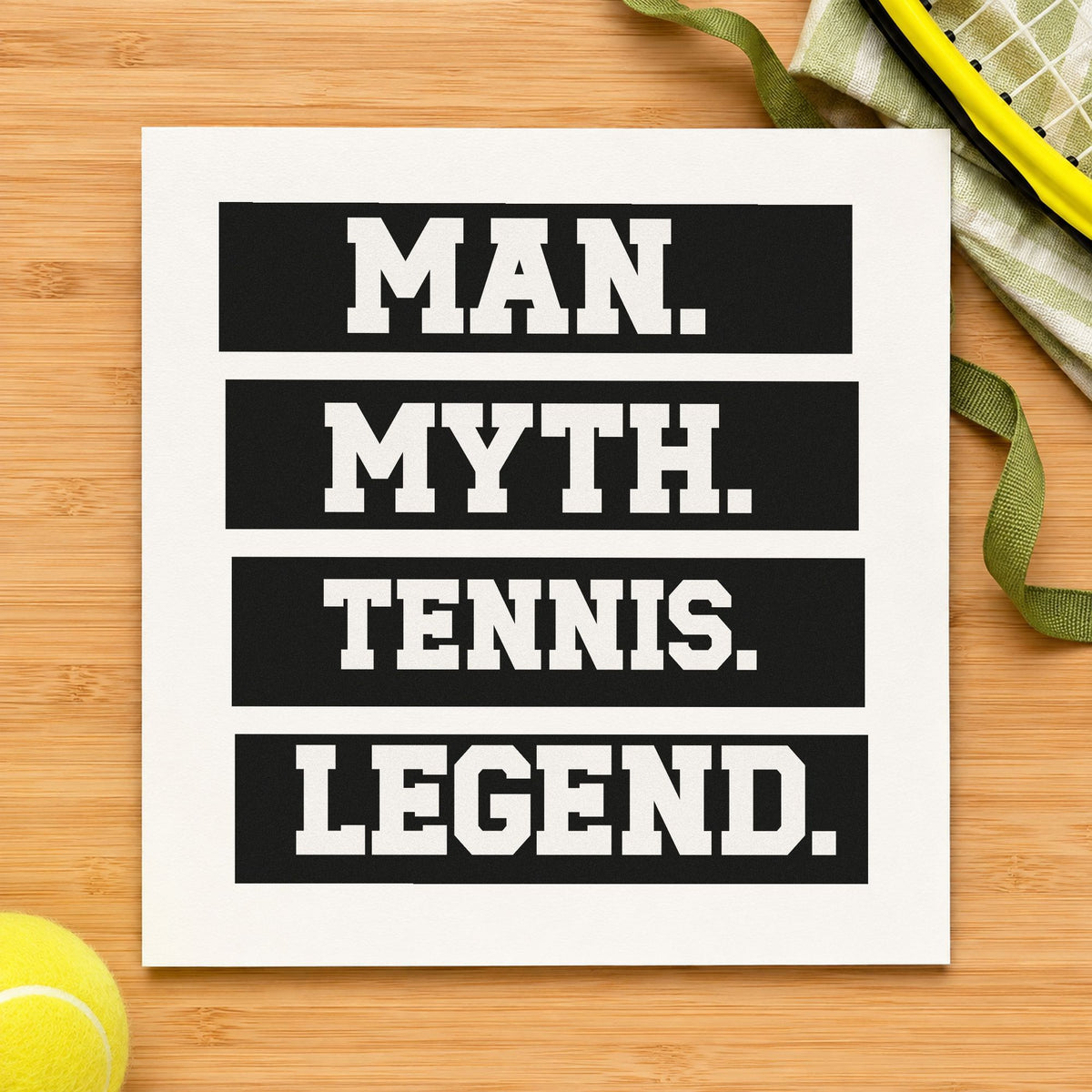 Man Myth Tennis Legend craft stamp imprint in black ink on a handmade project, one idea being brace kit gift tags.