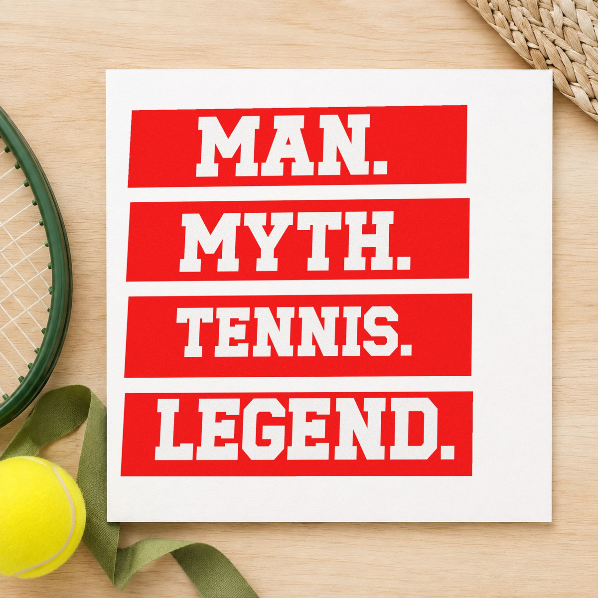 Man Myth Tennis Legend craft stamp imprint in red ink on a handmade project, one idea being fixture slip cards.