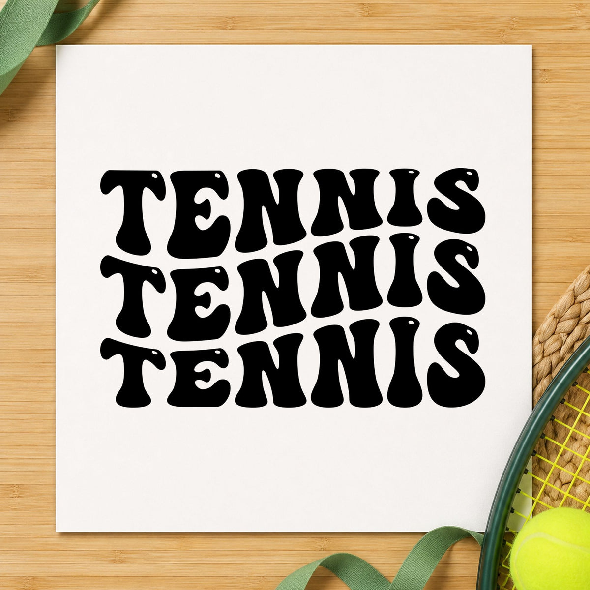 Repeated Wavy Tennis Lettering craft stamp imprint in black ink on a handmade project, one idea being racket sale gift tags.