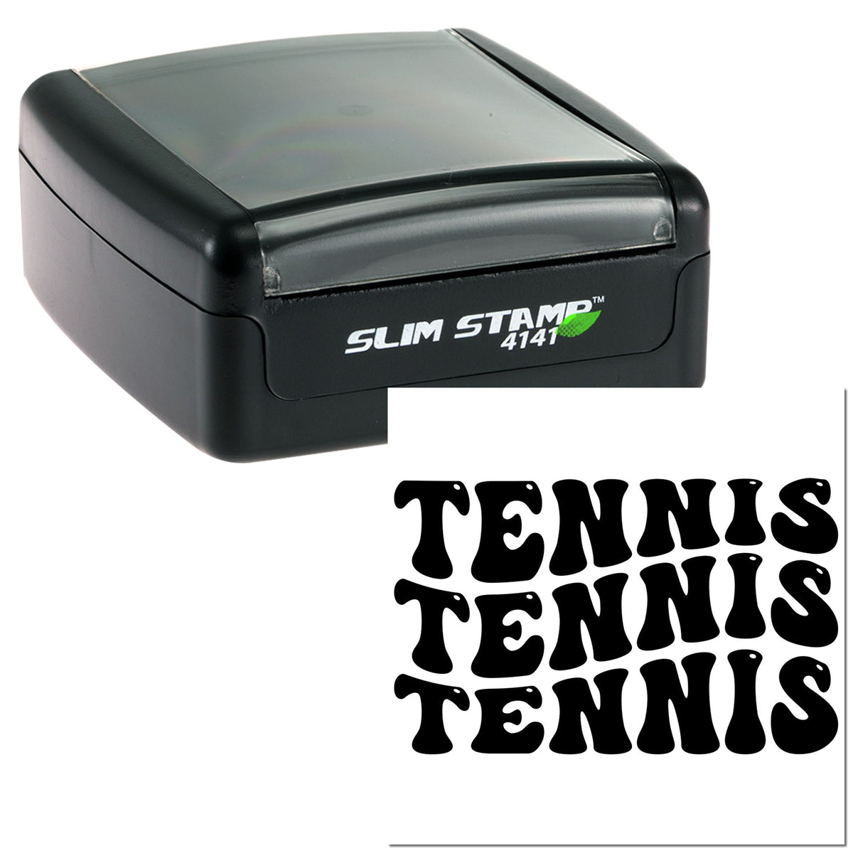 Black self-inking Slim Stamp 4141 with gray cap and bold Tennis seal text