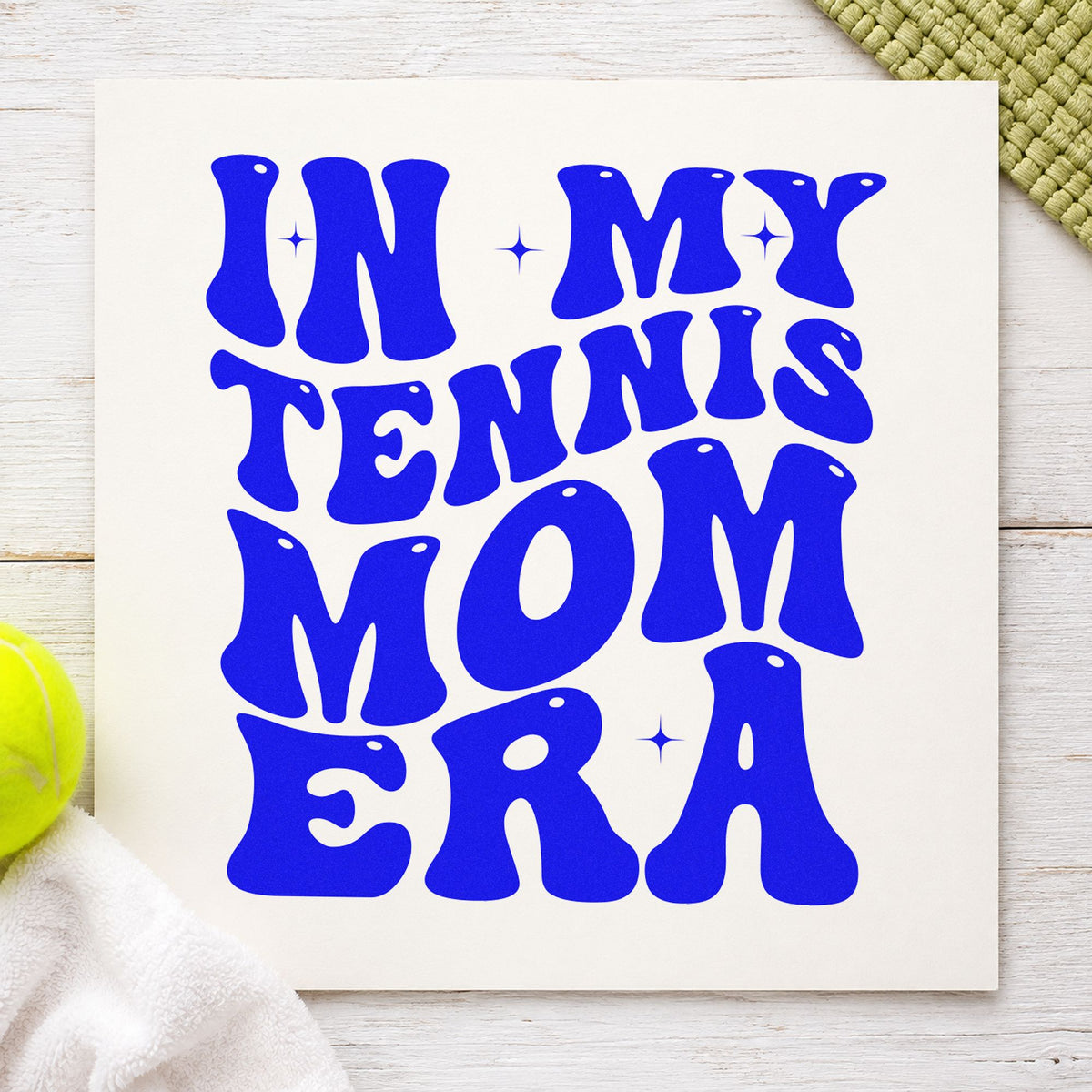Tennis Mom Era Lettering craft stamp in blue ink on cardstock, an easy option for group tee printing.