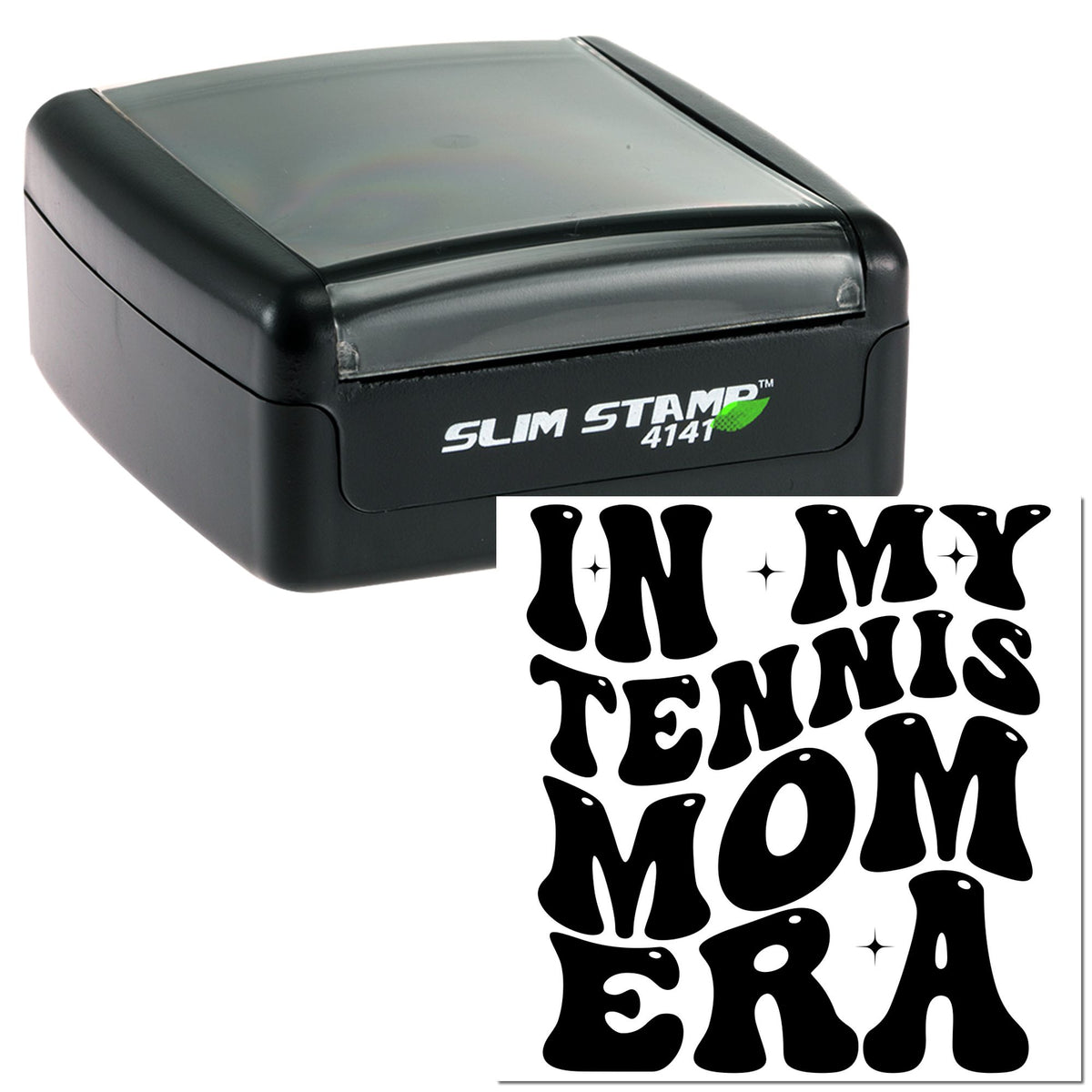Black Slim Stamp 4141 self-inking stamp with gray top and In My Tennis Mom Era seal design in bold black lettering.
