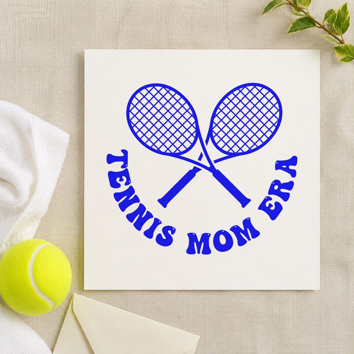 Tennis Mom Era Rackets craft stamp in blue ink on cardstock, an easy option for banner panel printing.