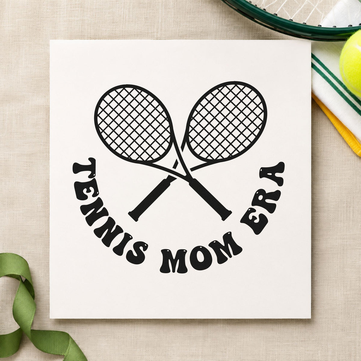 Tennis Mom Era Rackets rubber stamp printed in black ink, ready for crossed racket cards and similar paper crafts.