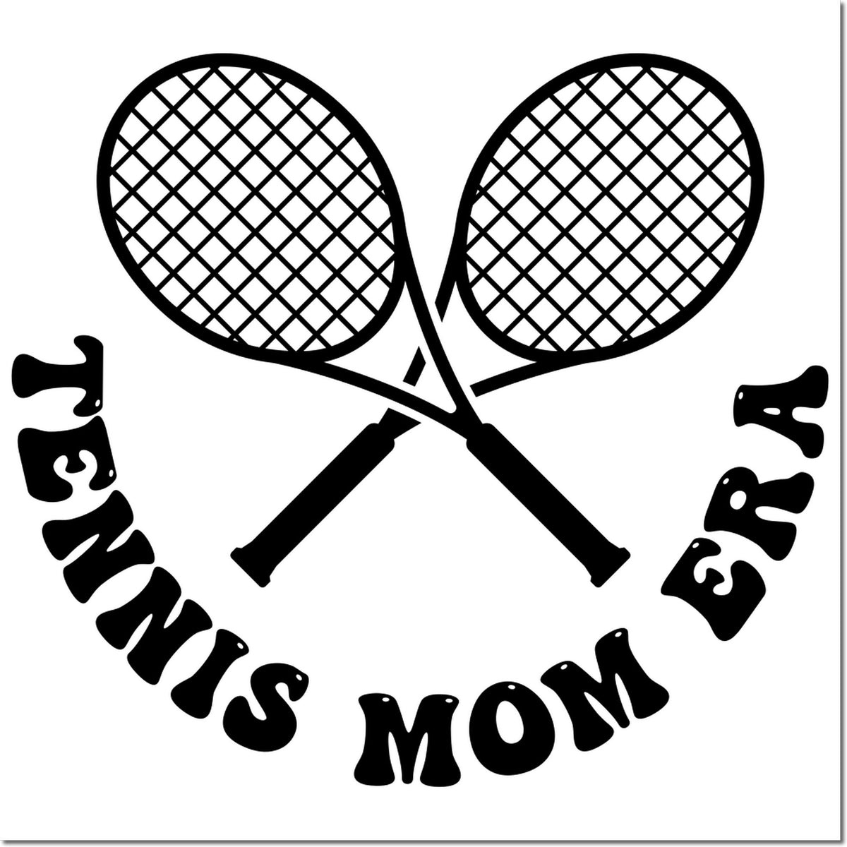 Black tennis stamp and seal logo with crossed rackets and curved Tennis Mom text on white background.