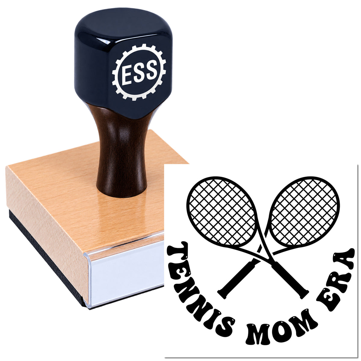 Dark navy ESS rubber stamp on a peach wood block beside a black Tennis Mom seal with crossed tennis rackets.