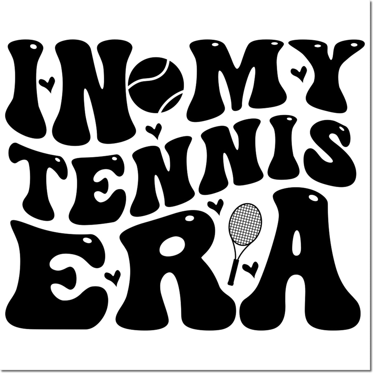 Black novelty tennis stamp design reading I ? MY TENNIS with hearts and a tennis racket on a white background.