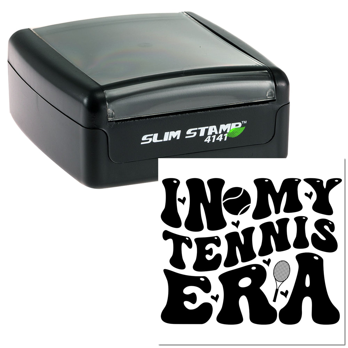 Black and gray Slim Stamp 4141 self-inking stamp with custom seal reading In My Tennis Era, tennis ball and racket icons.