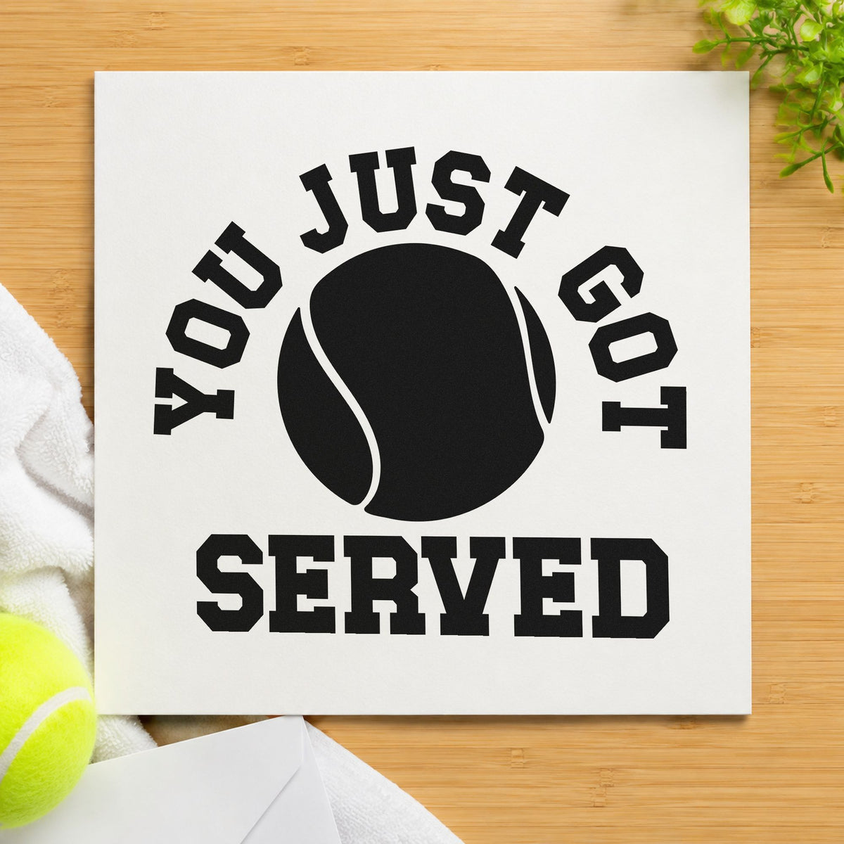 You Just Got Served craft stamp imprint in black ink on a handmade project, one idea being entry kit gift tags.