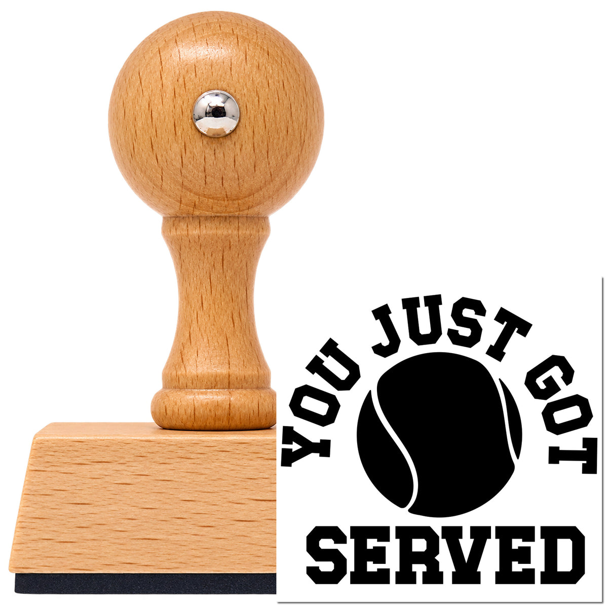 Vintage Pro beech wood stamp with a round knob handle, shown with its black You Just Got Served Tennis Ball imprint on white.