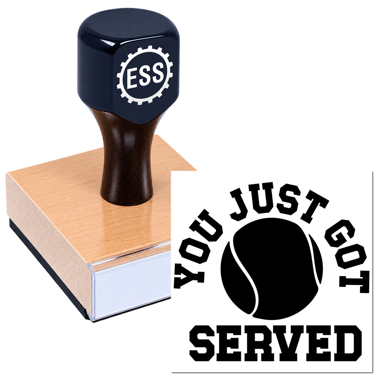 Blue and black rubber stamp on wooden base beside "Touch Just Go Served" seal design