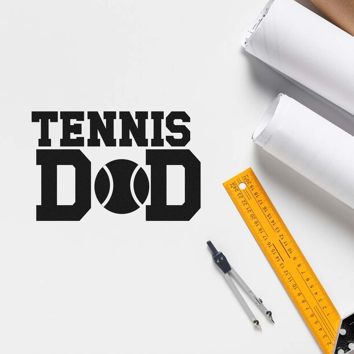 Black Tennis Dad stamp and seal design with tennis ball icon, yellow ruler, and metal compass on white background.