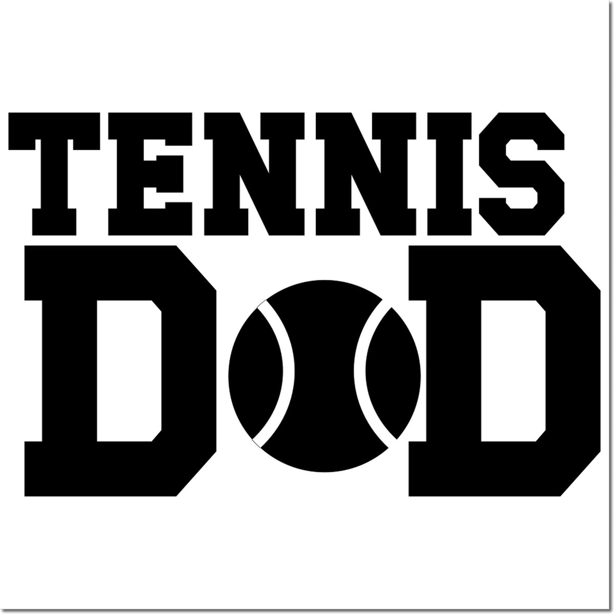Black tennis stamp and seal design with bold varsity-style letters and a tennis ball icon on white.